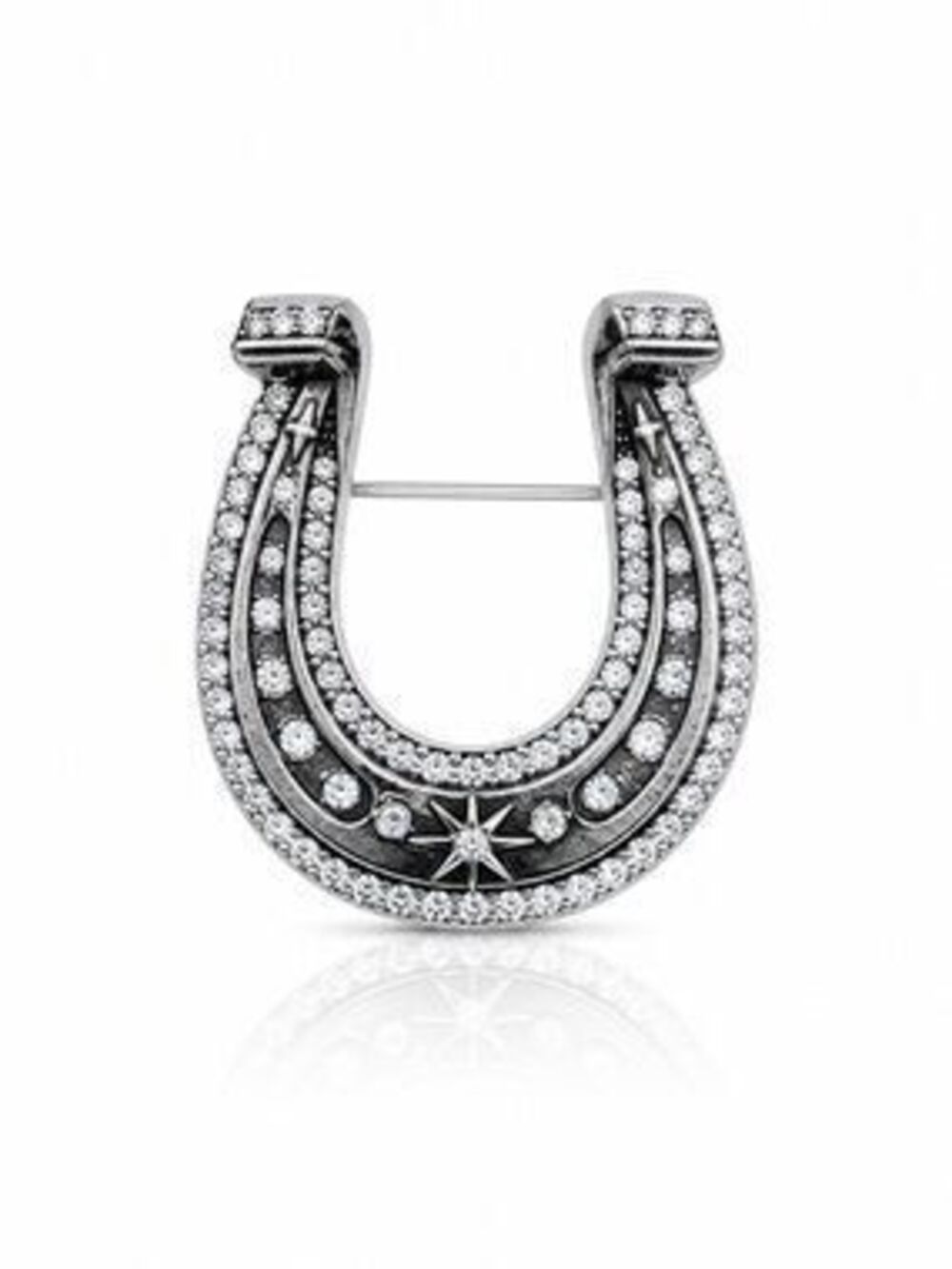 Western Silver Horseshoe Brooch with Crystal Accents